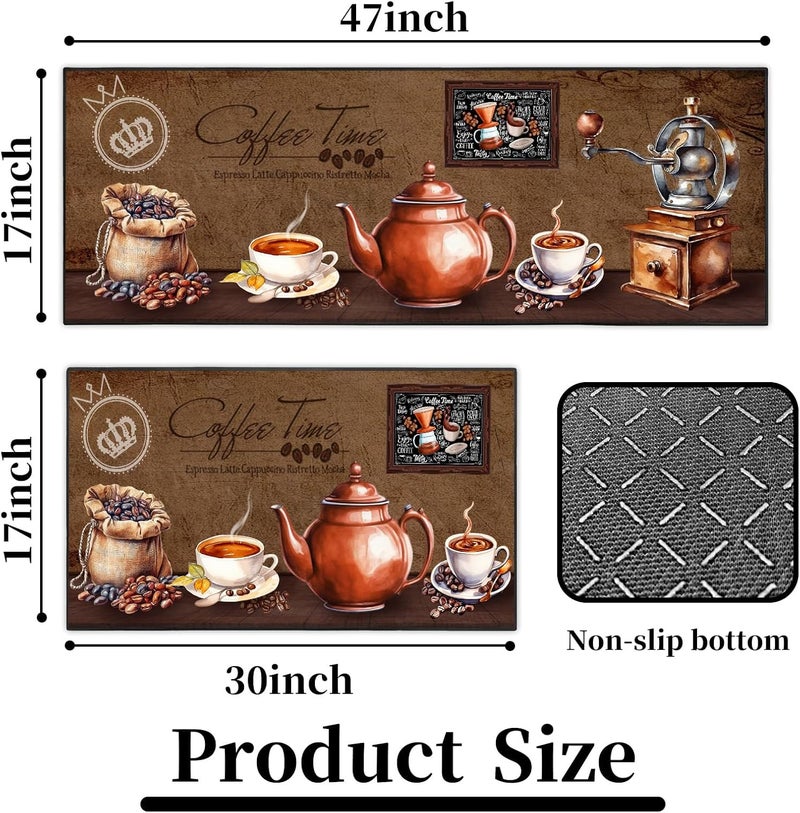 UYDOXCU Brown Coffee Kitchen Rug 2 Piece Set, Vintage Farmhouse Decor Kitchen Floor Mat, Non-Slip Absorbent and Washable Home Decoration Carpet 17 * 30+17 * 47 Inches - Image 2